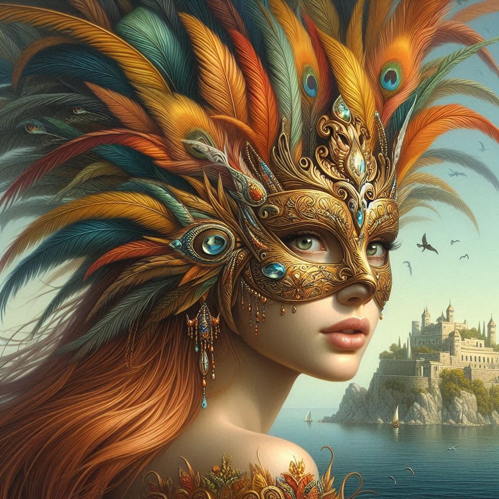Illustration for a book cover for a book called Autumn Queen. A one-quarter profile view of a beautiful young woman wearing a very elaborate feathered carnival mask with a beak in the front. The mask has jewels embedded in it and extends up two feet above her head. Autumn colors.The background is the sea, with an island castle far in the background. Very high level of detail. Oil painting. Michael Whelan style. Snow Queen, Summer Queen.