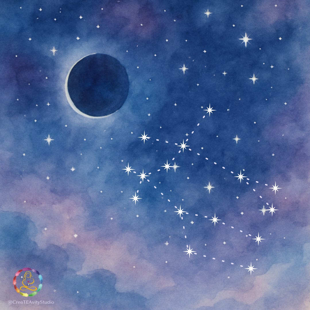 Gemini constellation and a Gemini new moon - CreaTEAvity Studio - on a watercolour night sky with pinks and blues watercolour effect
