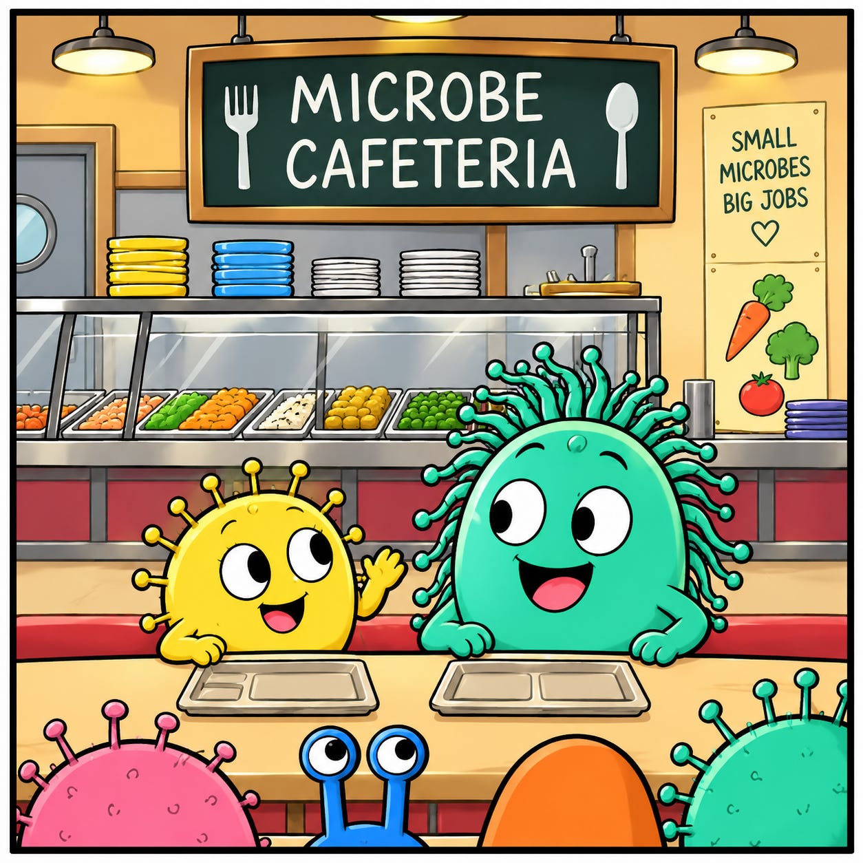 Colorful microbes wait with empty trays in the Microbe School cafeteria.