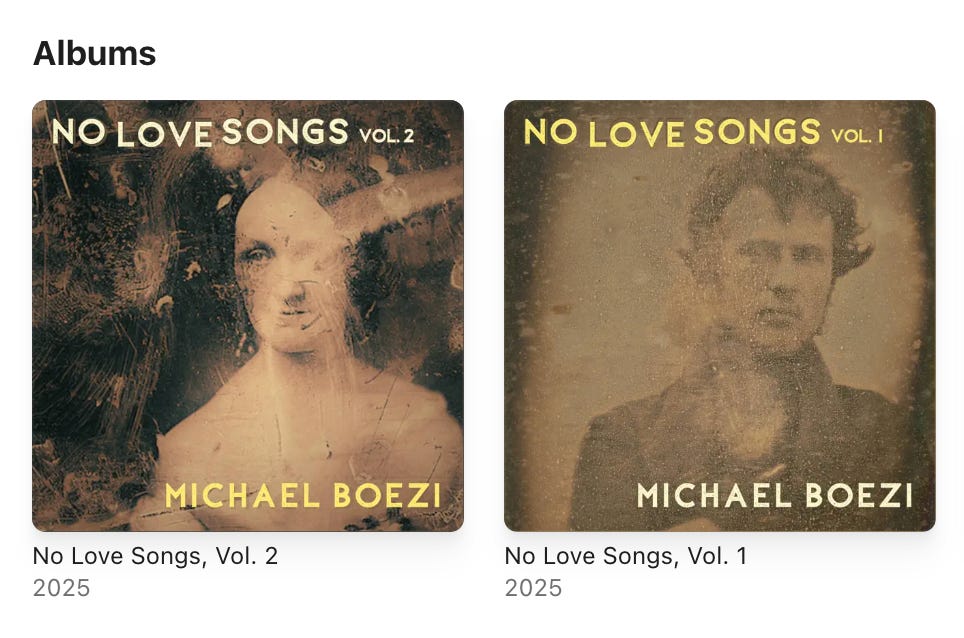 2 daguerreotype headshot images side by side, one of a 19th century woman with text overlay: No Love Songs, Vol. 2, Michael Boezi and one of a 19th century man with text overlay: No Love Songs, Vol. 1, Michael Boezi.