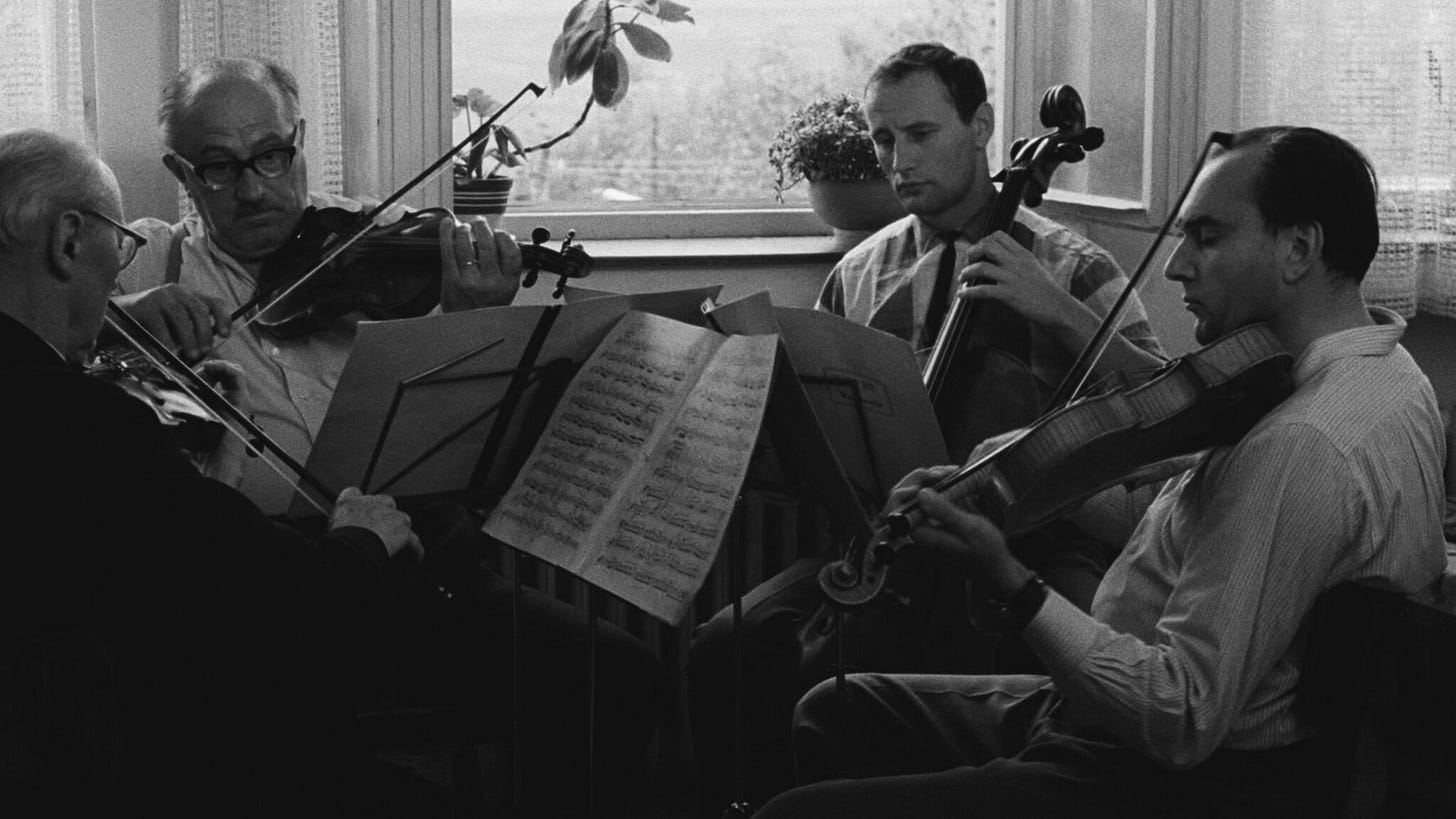 An amateur string quartet of widely varying ability, played by Karel Uhlík, Jan Vostrčil, Zdeněk Bezušek, and Karel Blažek, attempts to play Mozart's 'Eine kleine Nachtmusik'.