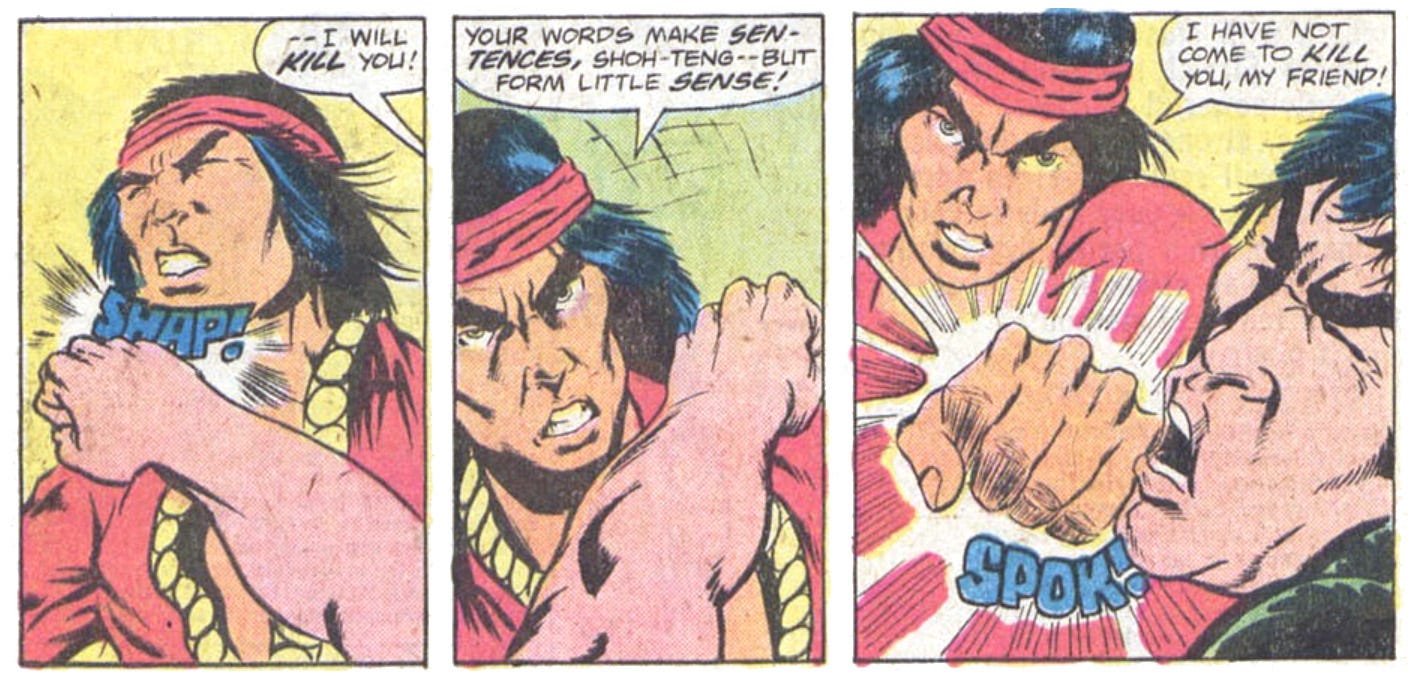 Shang-Chi fights Shoh Teng in three panels from this issue of Master of Kung Fu