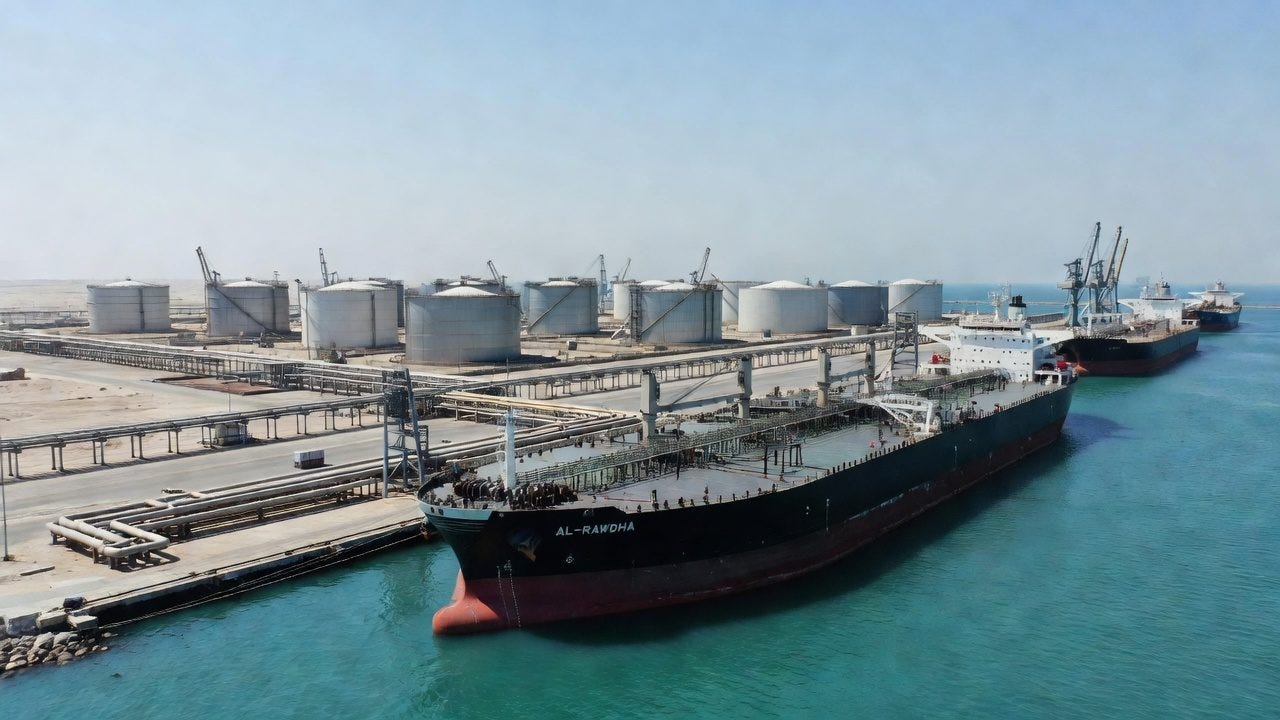 Oil tanker ship docked at petroleum terminal with storage tanks and loading infrastructure