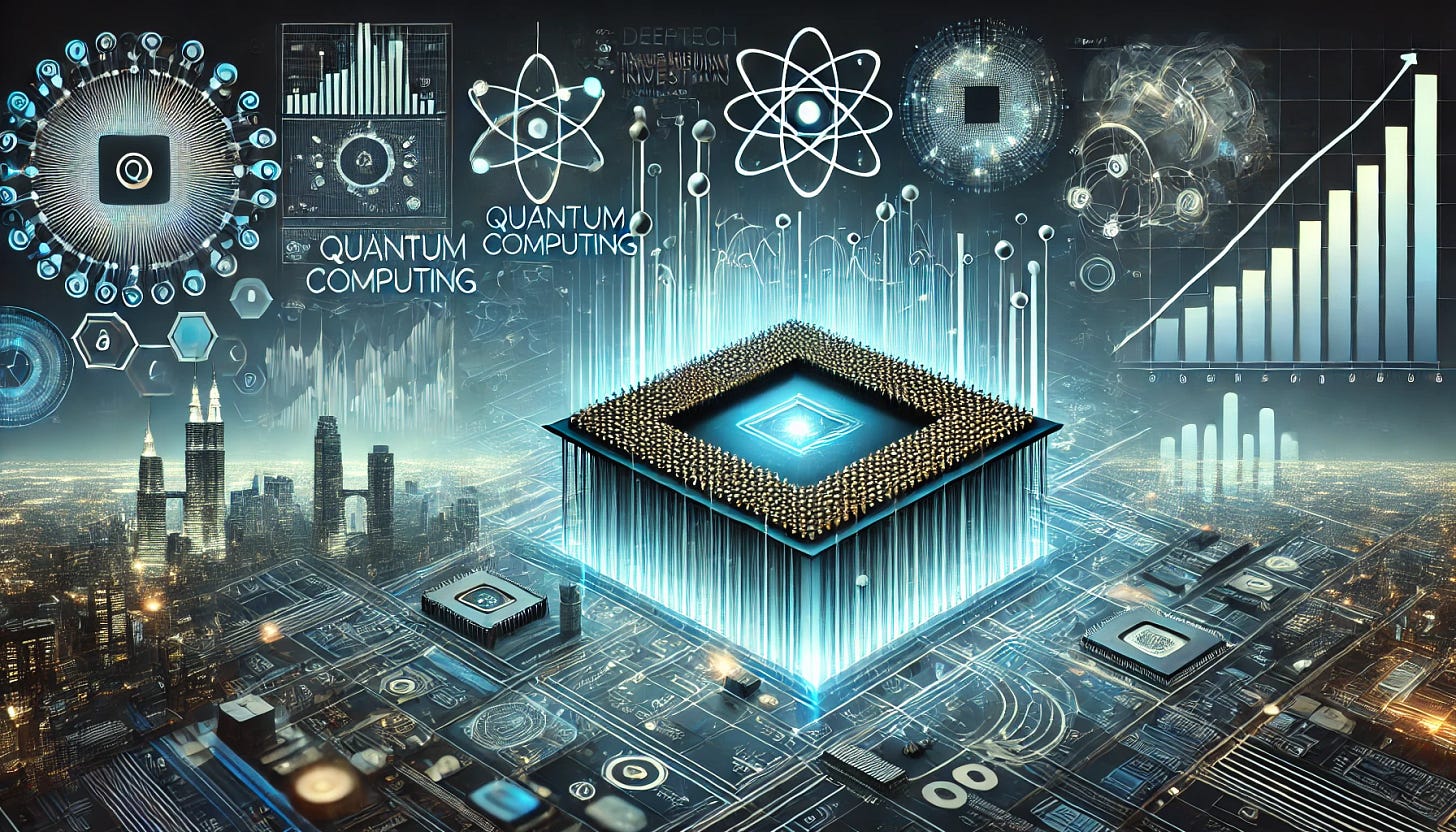 A high-tech financial and quantum computing-themed illustration without quantum chips. Show digital financial graphs, futuristic investment symbols, and abstract representations of quantum computing growth. The scene should convey innovation, deeptech investment, and strategic expansion with a sleek, futuristic aesthetic. Horizontal layout.