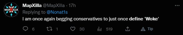Tweet with user asking for conservatives to define woke Tweet with user asking for conservatives to define woke