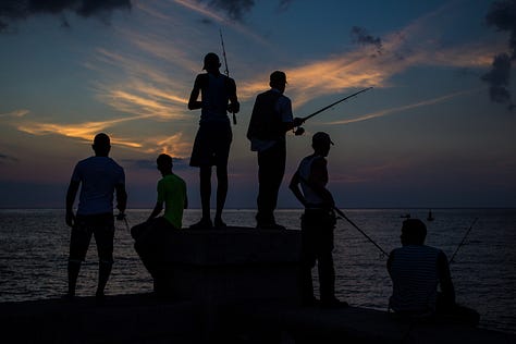A second 3x3 grid of nine photographs from Havana, Cuba. The images show daily city life, including: kids jumping off the Malecón sea wall, people fishing at sunset, boys playing soccer in the street, classic American cars, a mural of Che Guevara, a dilapidated building, and a street vendor with a fruit cart.