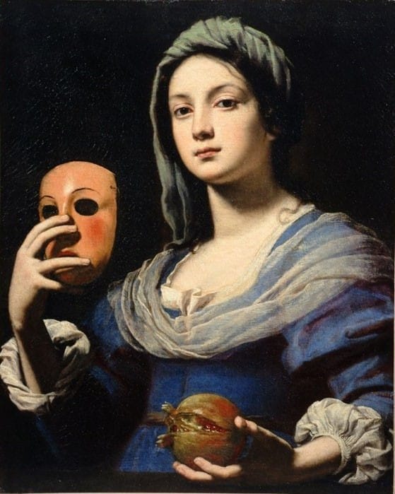 a painting of a renaissance woman who is holding a mask out in front of her