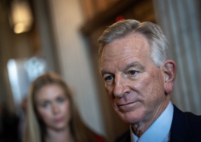 WASHINGTON, DC - NOVEMBER 7: Sen. Tommy Tuberville (R-AL) speaks to reporters on his way to a closed-door lunch meeting with Senate Republicans at the U.S. Capitol November 7, 2023 in Washington, DC. The Senate Republican conference will hold a special meeting Tuesday afternoon to discuss Tuberville's blockade of military promotions and blocking military nominations from reaching the Senate floor. (Photo by Drew Angerer/Getty Images)