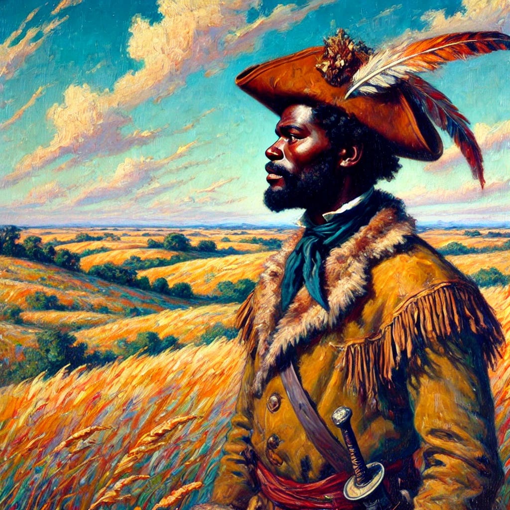 A Fauvist-style painting of Jean Baptiste Point du Sable, the Black Frenchman and fur trader, standing on a vast prairie in 1780, gazing over the land that would become Chicago. He is dressed in buckskins and fur-lined clothing, reflecting his role as a frontier trader, rather than wearing a tricorne hat. His expression is one of vision and determination. The landscape is painted with bold, exaggerated colors, and the sky is vivid and dynamic. The brushstrokes are energetic, capturing the wild beauty of the untamed land.