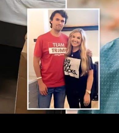 Three images. The first is a collage of photos of Tyler Robinson with text stating he is not Black, Muslim, Latino, trans, an immigrant, in ISIS, a Democrat, or a radical leftist, but rather a white male from a conservative Mormon Republican family obsessed with guns, who wore a Trump costume and posted on right-wing forums. The second is a Facebook post from “Your Problematic Faves” claiming Robinson may have been associated with the alt-right Groyper movement led by Nick Fuentes, noting messages written on bullet casings tied to Groypers and that Kirk’s campus tours were often disrupted by their Q&A tactics. The third is a photo of a man in a red “Team Trump” t-shirt posing with a woman wearing a black shirt that says “Big Gov Sucks.”