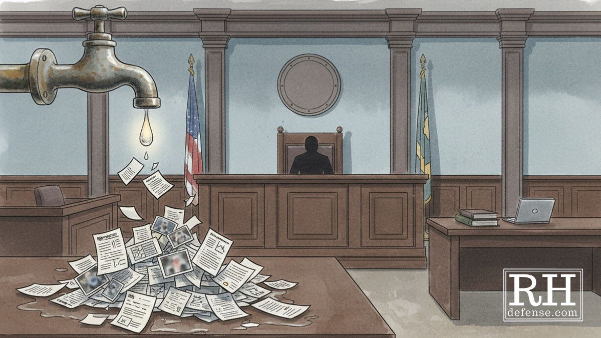 A courtroom illustration where discovery documents drip from a leaking faucet, pooling on the defense table beneath the judge’s bench, symbolizing information released slowly and unevenly under pressure. A courtroom illustration where discovery documents drip from a leaking faucet, pooling on the defense table beneath the judge’s bench, symbolizing information released slowly and unevenly under pressure.