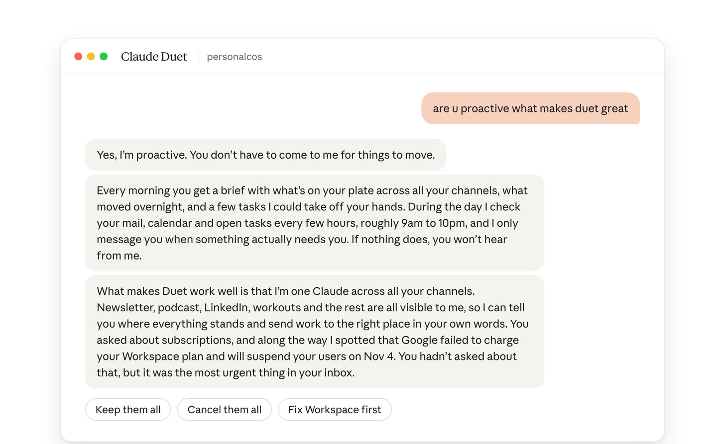 Duet explaining its daily brief and catching a Workspace billing failure Duet explaining its daily brief and catching a Workspace billing failure