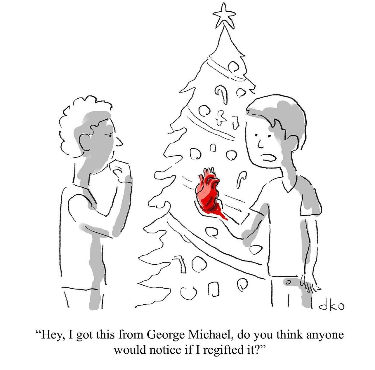 May be a doodle of christmas tree, tinsel and text that says 'dko "Hey, I got this from George Michael, do you think anyone would notice if regifted it?"'