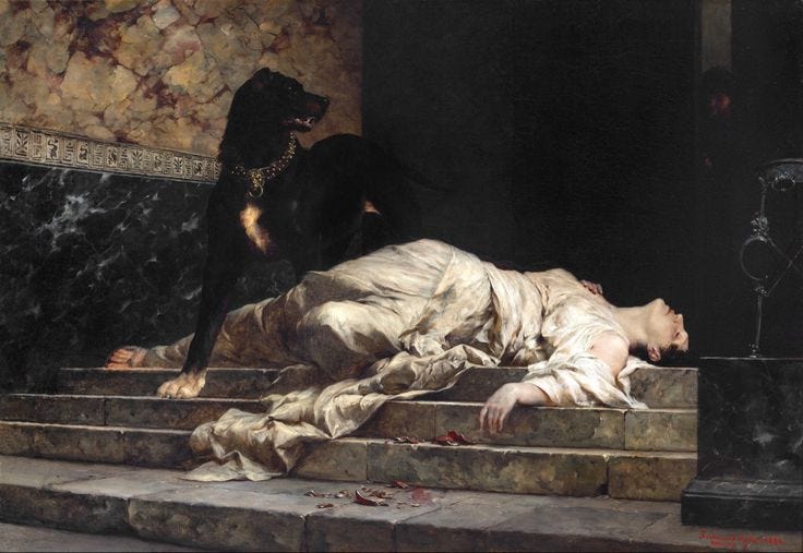 This may contain: a painting of a woman laying on the ground next to a dog and another person