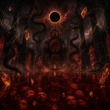 The Vampyr’s Vestige Realm: a vast void‑cathedral suspended in darkness. A mirror‑like floor of blood‑red glass ripples with trapped faces beneath the surface. Above, a shrouded black sun burns behind drifting mist. Amber veins of light pulse through skeletal arches of stone and bone. Shadow serpents coil through the air, and floating amber shards illuminate the realm with a dim, hungry glow. Fully original, no real‑world likenesses.
