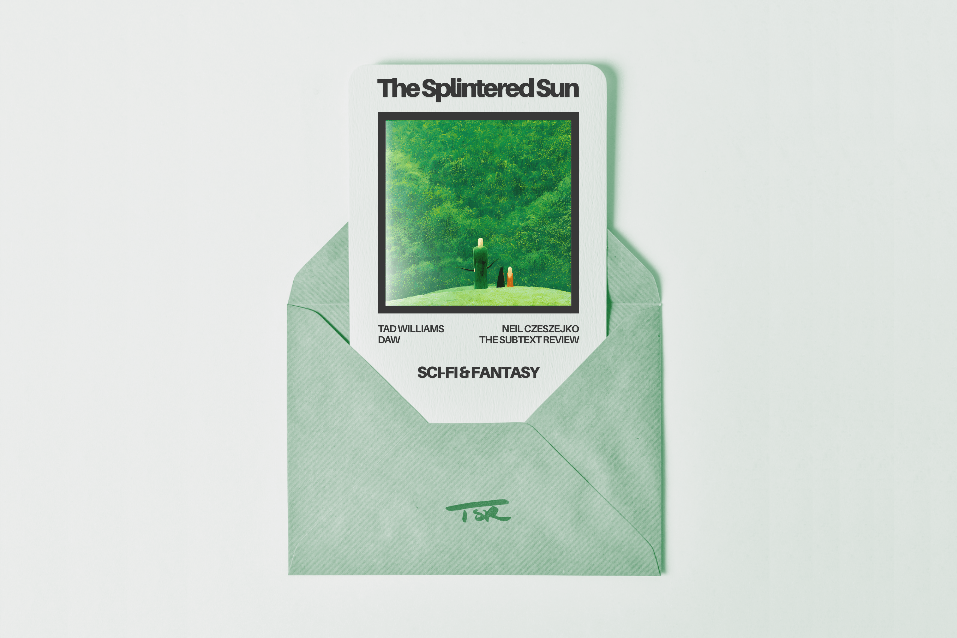 A minimalist, flat-lay photograph of a pale sage green envelope sitting on a pale cream background. Tucked inside the envelope is a textured card for the book "The Splintered Sun" by Tad Williams, published by DAW and reviewed by Neil Czeszejko. The card showcases a square illustration, styled to look like a freshly printed photograph, depicting a tall, beautiful man in a flowing green cloak with two children, a dark-haired girl and a blond-haired boy, standing on a grassy hill against a dense, lush green canopy. The genre Sci-Fi & Fantasy is printed on the card, and the envelope is stamped at the bottom with a green TSR logo. Part of the Literary Review series at The Subtext Review.