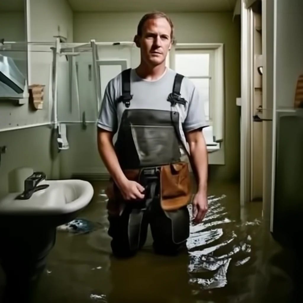 Plumber wearing waders in flooded bathroom of sorority house