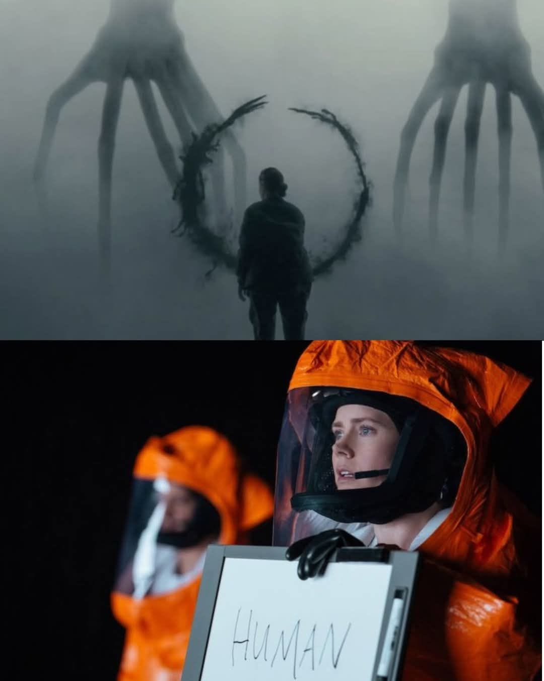 Two screencaps from ARRIVAL: female scientist played by Amy Adams standing in silhouette in front of two alien creatures that look like a cross between giant gnarled hands and live squid. An inky glyph hangs in the mist between them. In the second image, she's wearing an orange hazmat suit and holding a white board sign that says "HUMAN." Two screencaps from ARRIVAL: female scientist played by Amy Adams standing in silhouette in front of two alien creatures that look like a cross between giant gnarled hands and live squid. An inky glyph hangs in the mist between them. In the second image, she's wearing an orange hazmat suit and holding a white board sign that says "HUMAN."