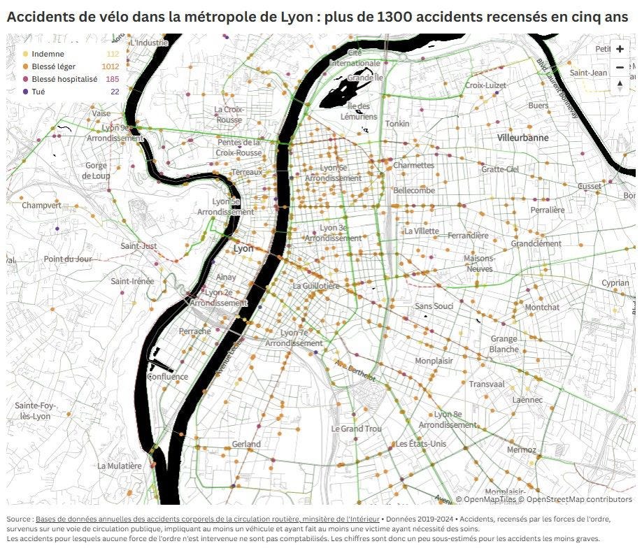 Carte des accidents de velo a Lyon