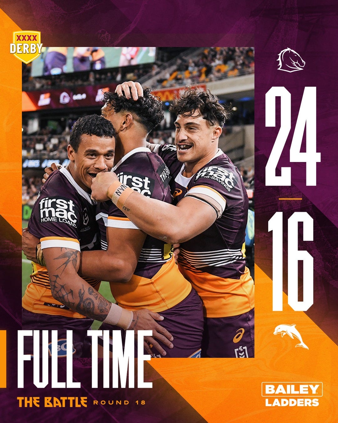 May be an image of 2 people and text that says "XXXX DERBY と irst mat first ma HOME LOAN AVING 24 16 FULL TIME THE BATTLE ROUND BAILEY LADDERS"