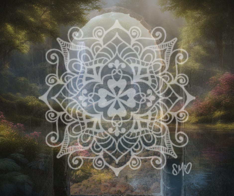 image of a white digital mandala overlaid on a magical portal landscape