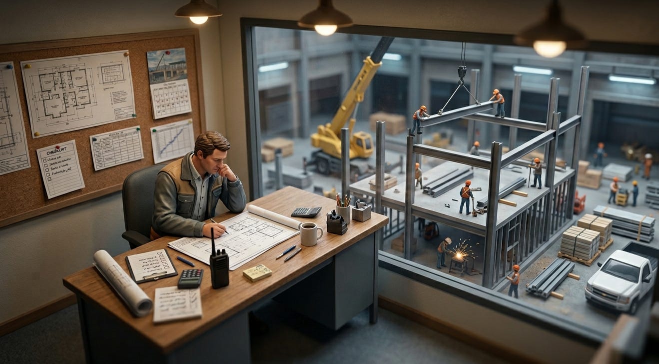 A miniature tilt-shift photograph of a tiny detailed diorama. A small figure sits in an elevated foreman's office, leaning forward with his elbow on the desk, reviewing blueprints spread across a cluttered surface. He is not wearing a hard hat. On the desk: rolled-up plans, a checklist with tiny illegible marks, a handheld radio, a hard hat set to one side, a calculator. The office walls have tacked-on plans, a calendar, and a schedule pinned to a corkboard. All text in the scene is tiny and illegible. Through a large panoramic window, a sprawling construction scene is visible below. A crane swings a steel beam into place on a rising structure while small workers in hard hats guide it from the scaffolding. Around the site, more workers move materials, welding sparks fly from a lower level, and pallets of supplies are stacked in rows. A small pickup truck is parked near the base of the structure. The same blueprints from the foreman's desk are taking shape as the building goes up. Warm overhead pendant light in the office, cooler industrial light flooding in from the construction site through the window. Shallow depth of field, slightly elevated angle looking into the office. Muted, desaturated colors with no bright primary colors. Soft shadows, realistic miniature scale. Everything looks like a handmade physical model photographed with a macro lens.