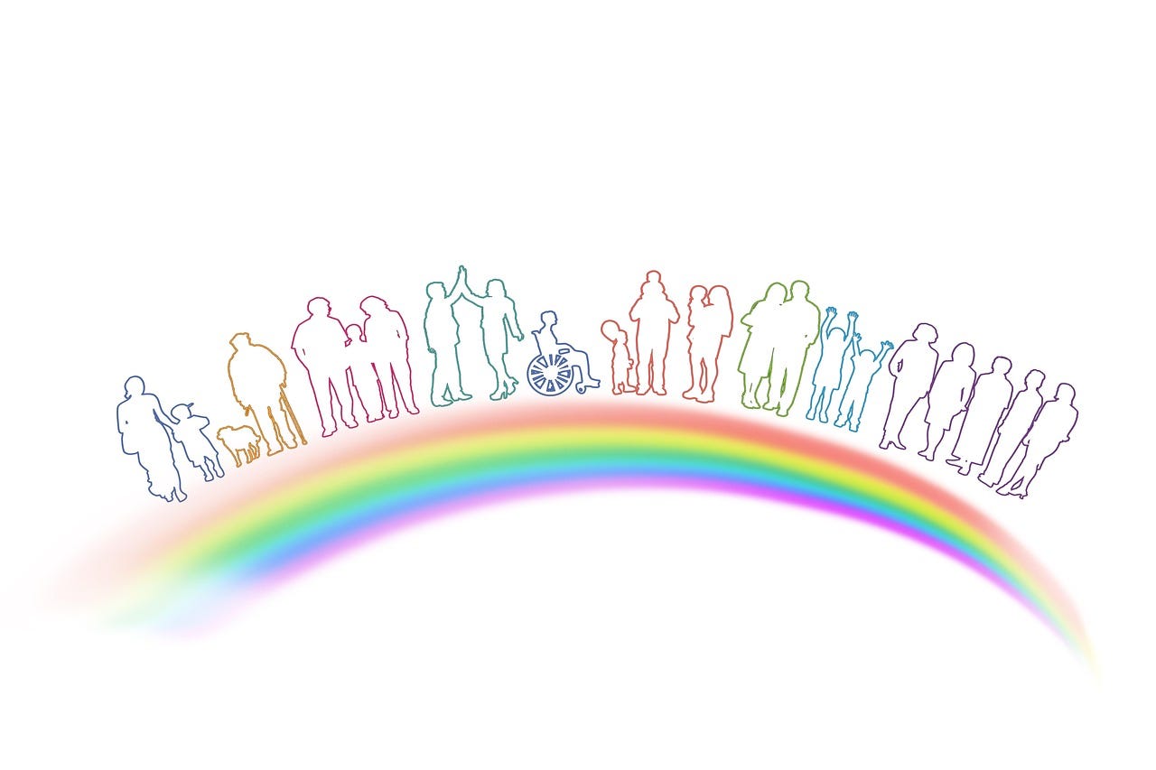silhouettes of a diverse group of people standing over a rainbow