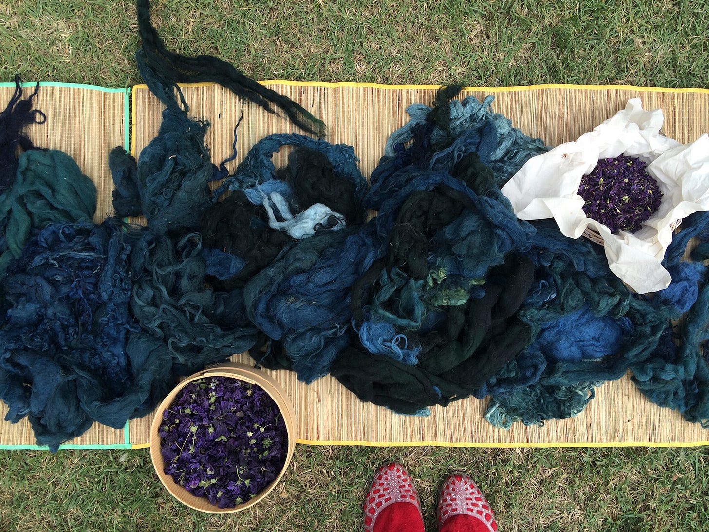 Blue from indigo, some some blue-grey from sunflower seed to the left