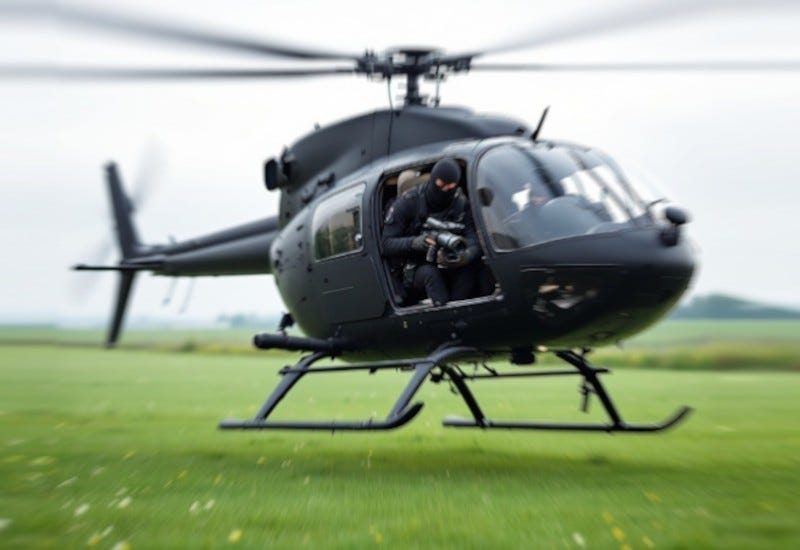 An unmarked black helicopter with masked men performing covert surveillance.