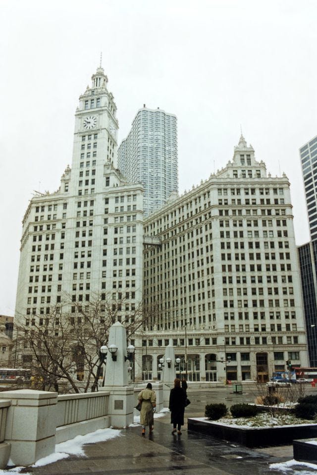 The distinctive architecture of the Wrigley Building, a Chicago landmark, February 1996. The distinctive architecture of the Wrigley Building, a Chicago landmark, February 1996.
