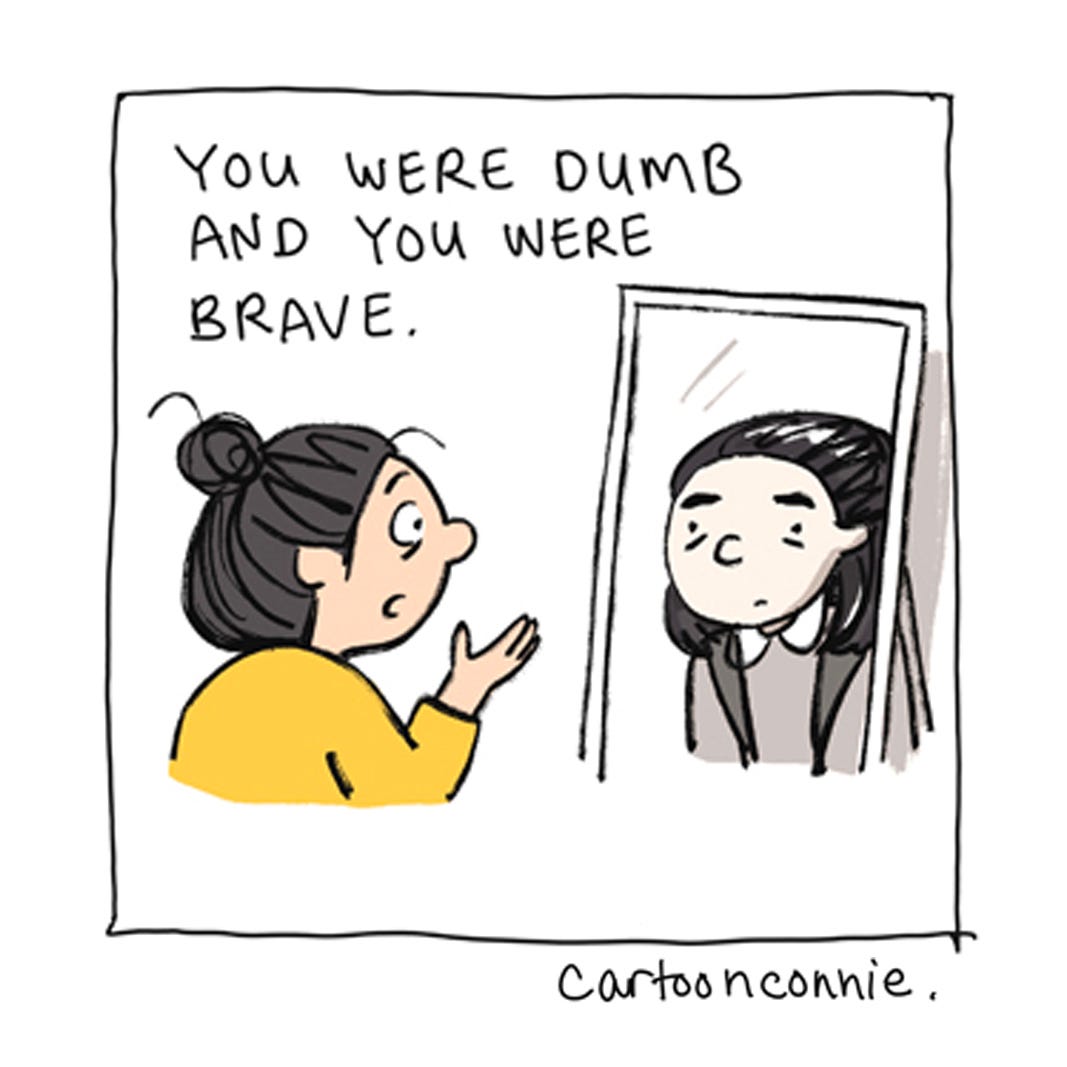 Panel 2 from a 6-panel comic strip about forgiving yourself and loving yourself, titled "A Valentine To My Younger Self." Original art by Connie Sun, cartoonconnie, 2026.