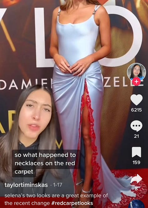 Tiktok commentators and digital culture writers discuss #recessioncore and lack of jewellery on red carpets
