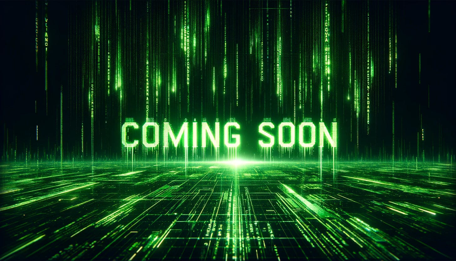 Create a wide landscape image in a Matrix-style theme with green cyber lettering and digital rain. In the center, place the words 'Coming Soon' prominently. The text should be in a digital font with a neon green glow, resonating with the cybernetic theme. The background should be dark to allow the bright green text to stand out sharply against it.