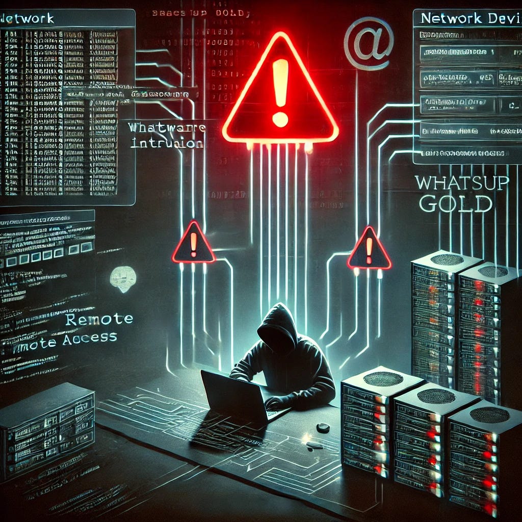 A dark-themed cybersecurity illustration depicting a network infrastructure being hacked. Show lines of code running across a screen with a red warning symbol. Include representations of network devices, such as servers and routers, being targeted. The background should suggest vulnerability and intrusion, with hints of malware and remote access tools being deployed. Subtle references to WhatsUp Gold's logo or interface could be included but not dominant. The overall mood should convey urgency and threat.