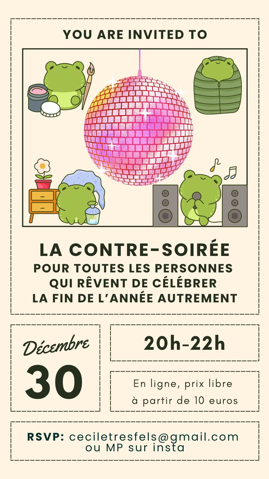 Carton d'invitation où on peut voir les différentes informations (titre, date, heure, tarif, rsvp) et une illustration où quatre grenouilles qui font des activités différentes (dormir, peindre, chanter) entourent une grosse boule à facette rose