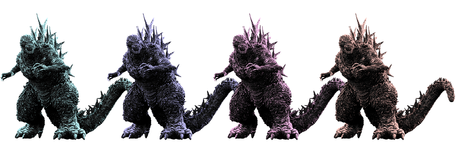 Four renderings of Godzilla in a horizontal row, each in a different muted color—teal, dark purple, lilac, and mauve—highlighting the texture of his scarred, keloid-like skin and iconic dorsal spines. Background color will vary depending on display settings.