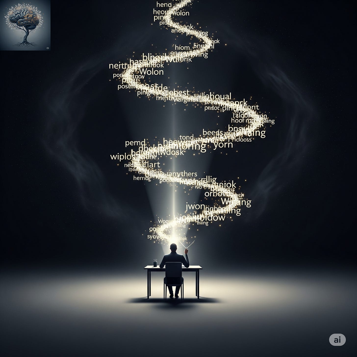 Person at a desk writing, a swirling path of words floats from the pen into darkness.