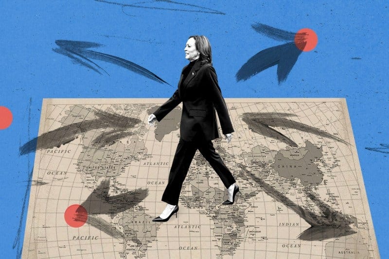 A collage illustration shows Kamala Harris atop a world map with arrows pointing in various directions. A collage illustration shows Kamala Harris atop a world map with arrows pointing in various directions.