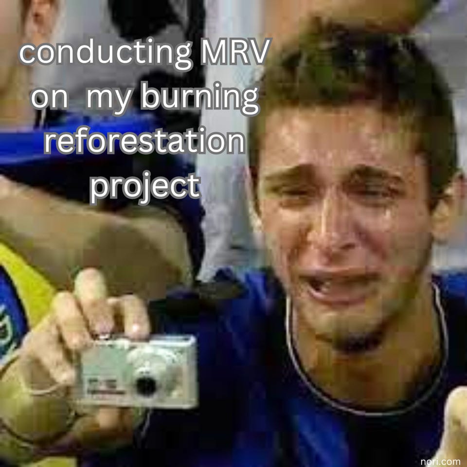 A young man crying while holding up a small camera, captioned "conducting MRV on my burning reforestation project."