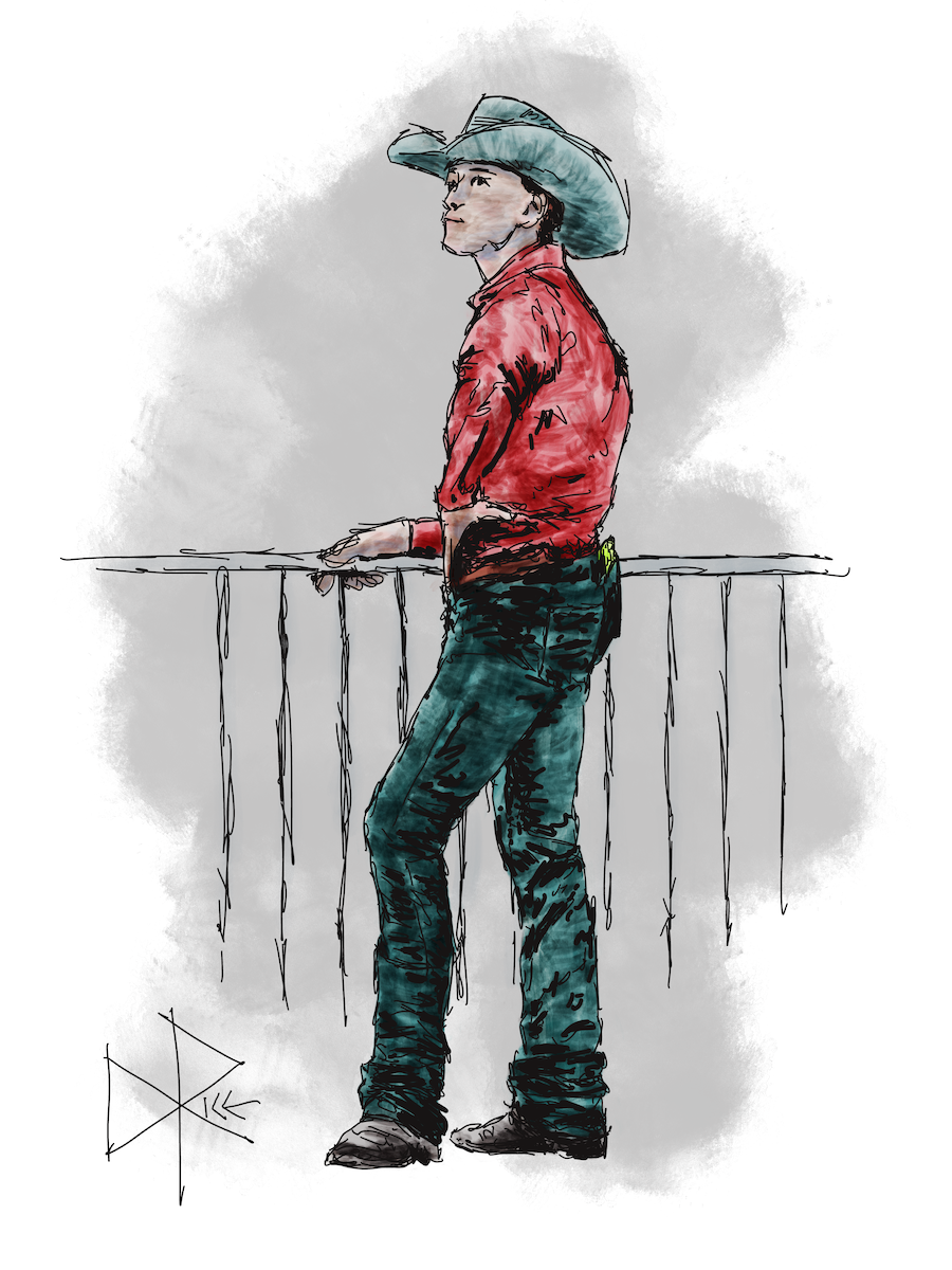 A man in a button-up shirt, jeans, boots and cowboy hat stands while holding the top rail of a fence gate with one hand. His other hand rests on his hip and his phone peeks out from a rear pocket of his jeans. Sketch art by Don Rice. A man in a button-up shirt, jeans, boots and cowboy hat stands while holding the top rail of a fence gate with one hand. His other hand rests on his hip and his phone peeks out from a rear pocket of his jeans. Sketch art by Don Rice.