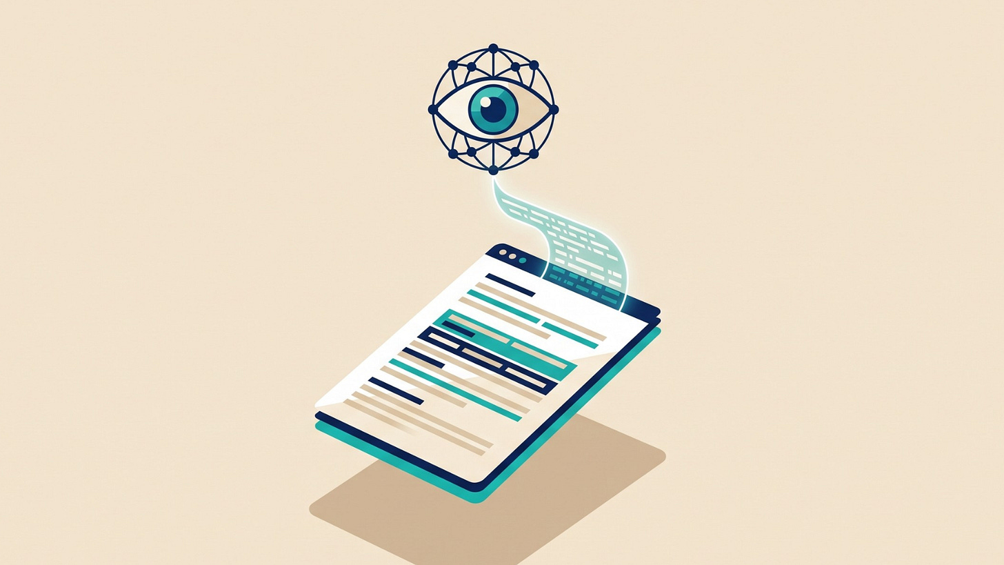 A minimalist, clean vector illustration showing a floating tablet displaying highlighted text. Above it, a geometric, network-connected eye icon projects a blue glowing energy beam and a data wave, symbolizing an AI system scanning and analyzing a document for information extraction. A minimalist, clean vector illustration showing a floating tablet displaying highlighted text. Above it, a geometric, network-connected eye icon projects a blue glowing energy beam and a data wave, symbolizing an AI system scanning and analyzing a document for information extraction.