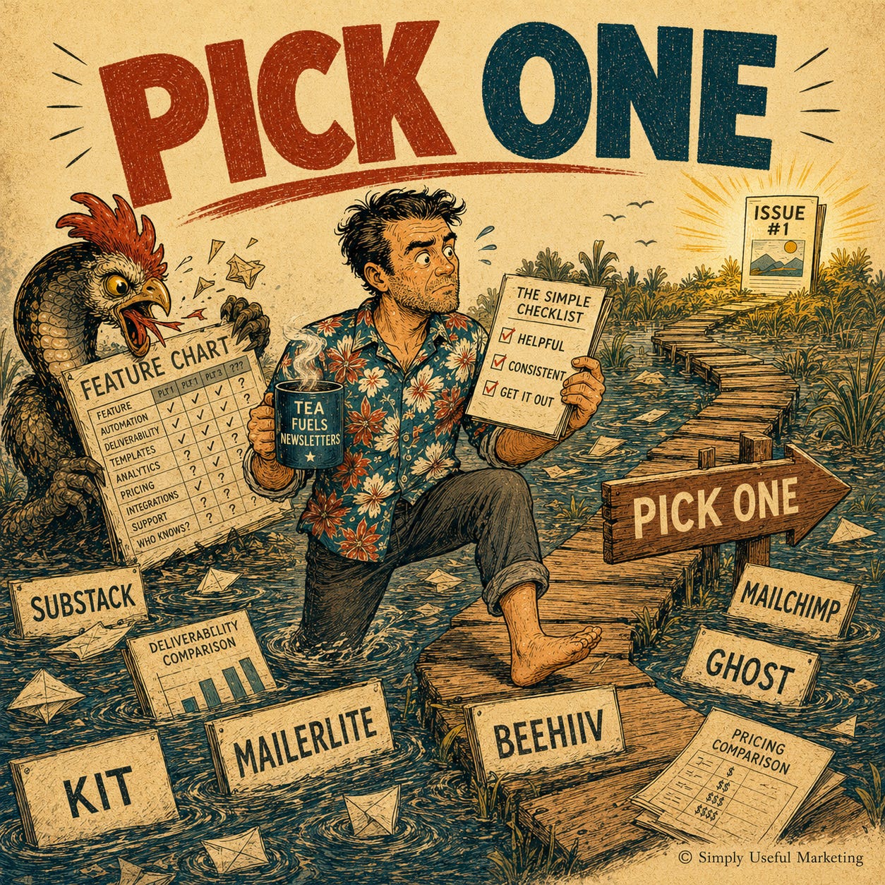 Vintage-style illustration of a man in an aloha shirt stepping out of a swamp of platform choices and onto a wooden path marked “Pick One.” He holds a tea mug and a simple checklist reading “Helpful,” “Consistent,” and “Get it out.” Platform signs for Substack, Kit, MailerLite, Beehiiv, Ghost, and Mailchimp float in the swamp while a cobra-chicken attacks a “feature chart.” The path leads toward a glowing “Issue #1” in the distance. Vintage-style illustration of a man in an aloha shirt stepping out of a swamp of platform choices and onto a wooden path marked “Pick One.” He holds a tea mug and a simple checklist reading “Helpful,” “Consistent,” and “Get it out.” Platform signs for Substack, Kit, MailerLite, Beehiiv, Ghost, and Mailchimp float in the swamp while a cobra-chicken attacks a “feature chart.” The path leads toward a glowing “Issue #1” in the distance.