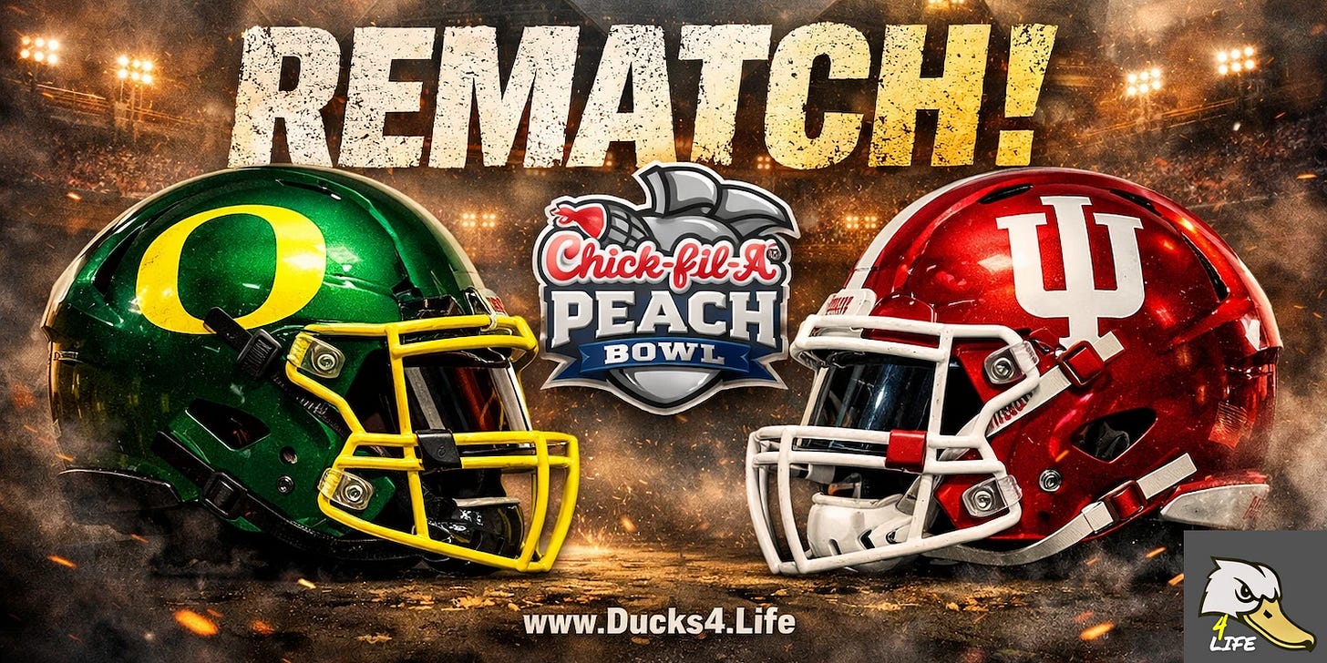 Oregon Ducks and Indiana Hoosiers football helmets facing off with Mercedes-Benz Stadium in Atlanta in the background, Peach Bowl branding and "REMATCH" text promoting the College Football Playoff semifinal rematch. Deals on seats, fan gear, and premium Oregon Football coverage at www.Ducks4.Life Oregon Ducks and Indiana Hoosiers football helmets facing off with Mercedes-Benz Stadium in Atlanta in the background, Peach Bowl branding and "REMATCH" text promoting the College Football Playoff semifinal rematch. Deals on seats, fan gear, and premium Oregon Football coverage at www.Ducks4.Life