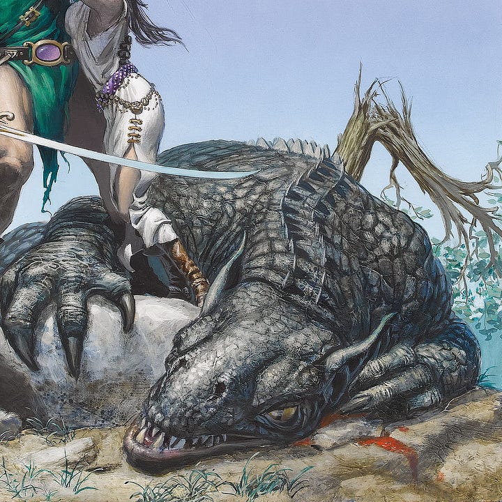LEFT: Figure detail from RENEGADE OF KREGEN featuring the hero standing tense in the aftermath of battle. A dark-haired damsel with eyes pressed closed reaches up to grip one shoulder and wrap her other hand around his neck as if needing him to support her weight. She wears a sleeveless white dress with a slit well up her thigh. Her bracelet, jeweled armband, and tiara give the impression of wealth. Her arm covers a starburst crest on his green tunic.The blade of his sword is slightly curved with a single edge. The crossguard curls in a flourish at one end nearest his thumb and ends opposite in a point, both elegant and dangerous. Similarly short spikes punctuate the curve protecting his grip, as if the hand guard could be weaponized when punching. A lavender jewel, smooth and ovular, is set within the bronze of his belt buckle. RIGHT: Close detail from RENEGADE OF KREGEN featuring the corpse of a gray lizard that fell with one clawed appendage draped over a boulder. Its head rests on the ground below with bright blood streaming from the side of its head. The lower jaw juts out in an underbite exposing a row of fangs clearly no longer a threat in its collapse. Nostrils are spaced widely as its snout slopes back between eyes set at the side of its head. The lower lid of one eye droops lifeless. The amber iris that fills the socket is slit vertically like serpent. All of the energy and life has drained out of the creature.