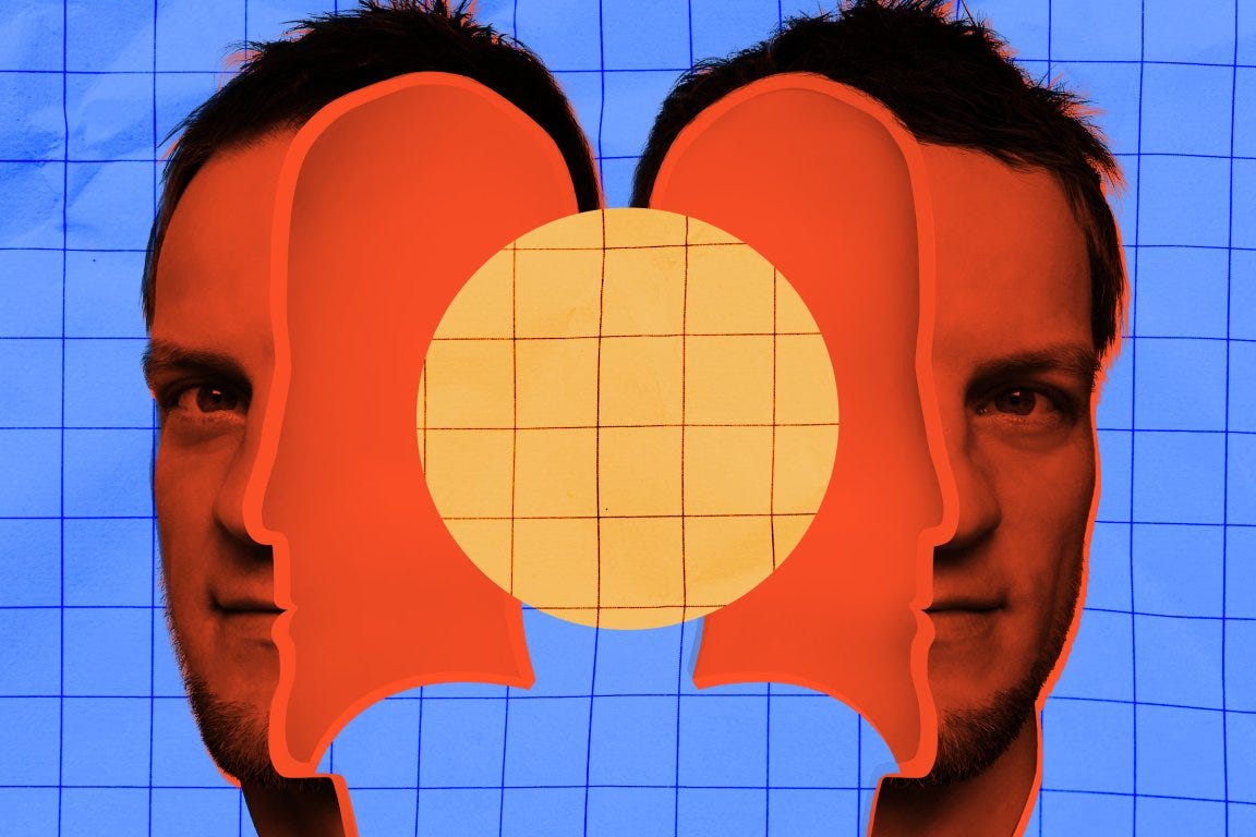 A man's face is shown twice, mirrored on either side of the image, with an overlay of two large, orange, stylized human head silhouettes facing each other in the center. Behind the faces and silhouettes is a blue grid pattern, and a yellow circle with a grid pattern is positioned in the middle of the orange silhouettes. The overall composition combines photographic and graphic elements with a geometric theme. A man's face is shown twice, mirrored on either side of the image, with an overlay of two large, orange, stylized human head silhouettes facing each other in the center. Behind the faces and silhouettes is a blue grid pattern, and a yellow circle with a grid pattern is positioned in the middle of the orange silhouettes. The overall composition combines photographic and graphic elements with a geometric theme.