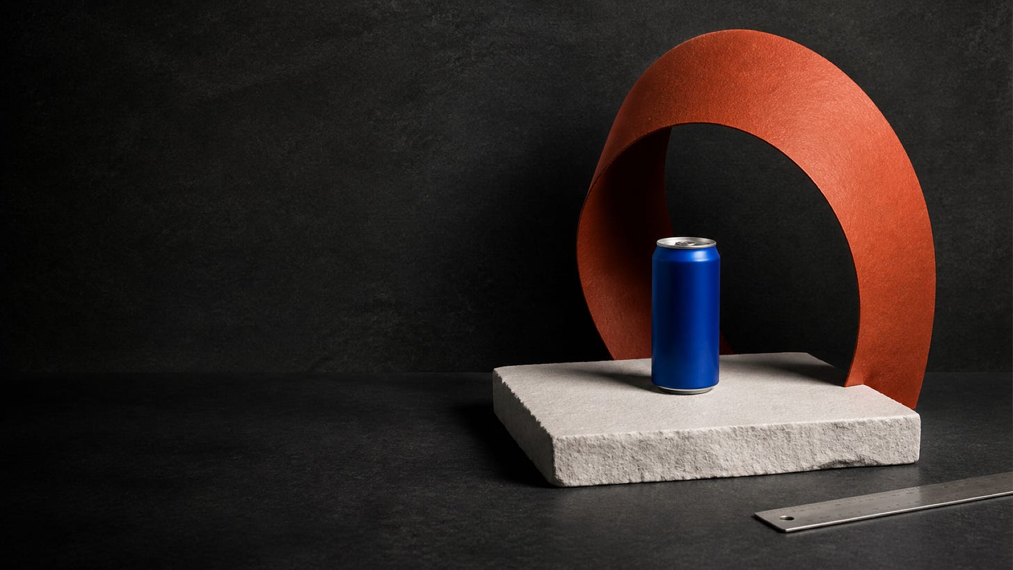 A blue can on a stone slab with items beside it, a red arch behind, and a metal ruler in front.