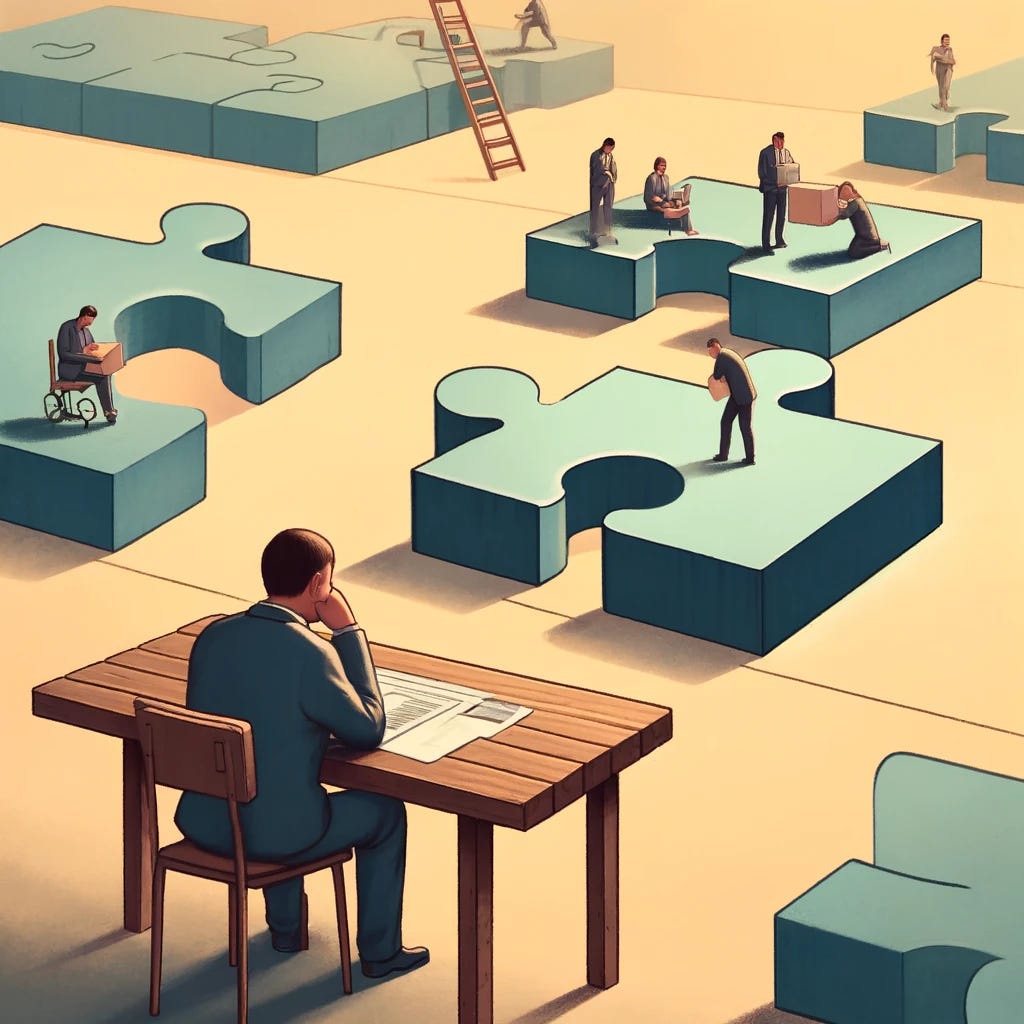 Create a simple yet powerful illustration based on the theme 'Work dumber, not smarter' from a blog post. Picture a minimalist scene where an entrepreneur is sitting at a desk outdoors, staring blankly at a simple, oversized puzzle with just a few large pieces, symbolizing the search for problems that are not overly complex or might not even exist. In the background, a small team of employees is seen working together at a normal desk, efficiently solving a complex jigsaw puzzle, representing real, tangible problems. The contrast between the entrepreneur's solitary, unfocused effort and the employees' collaborative, focused problem-solving highlights the message of the blog. Use a muted color palette to keep the focus on the activities of the characters and the simplicity of the theme.
