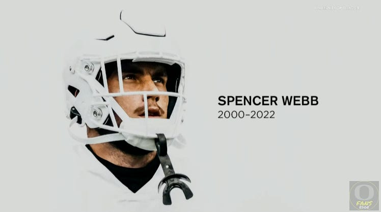 Memorial tribute image of Oregon Ducks football player Spencer Webb (2000–2022), wearing a white helmet and uniform. Celebrate the legacy of Spencer Webb and honor past and present Ducks athletes with Oregon Ducks FansEdge.