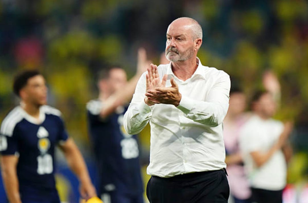 Steve Clarke, head coach of Scotland, greets the supporters during the FIFA World Cup 2026 Group C match between Scotland and Brazil at Miami Stadium on June 24, 2026 in Miami, United States. (Photo by Jose Breton/Pics Action/NurPhoto via Getty Images)