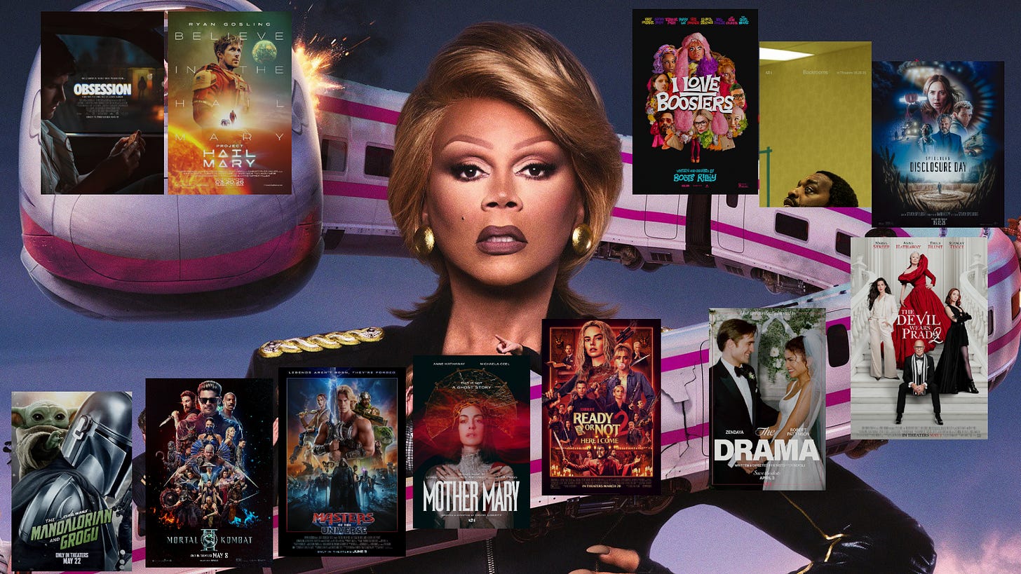 RuPaul Charles in Stop! That! Train! poster. Movie posters featured: Obsession, Project Hail Mary; I Love Boosters, Disclosure Day, The Devil Wears Prada 2, The Drama, Ready Or Not 2: Here I Come, Mother Mary, Masters of the Universe, Mortal Kombat II, Star Wars: The Mandalorian and Grogu. Stop! That! Train! poster by World of Wonder/Bleecker Street; Art by Bernardo Sim for The Bandwidth RuPaul Charles in Stop! That! Train! poster. Movie posters featured: Obsession, Project Hail Mary; I Love Boosters, Disclosure Day, The Devil Wears Prada 2, The Drama, Ready Or Not 2: Here I Come, Mother Mary, Masters of the Universe, Mortal Kombat II, Star Wars: The Mandalorian and Grogu. Stop! That! Train! poster by World of Wonder/Bleecker Street; Art by Bernardo Sim for The Bandwidth
